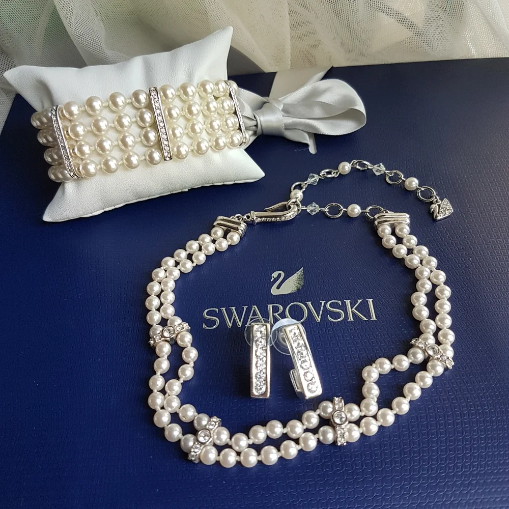 AUTHENTIC Swarovski Crystal Pearl Choker Necklace Tennis Bracelet Earrings SET - Picture 7 of 16